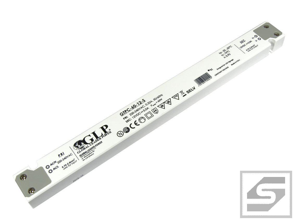 Zasilacz LED GTPC-60-12-S;GLP;SLIM; 12VDC;5A;60W;305x30x17mm(LxWxH)IP20