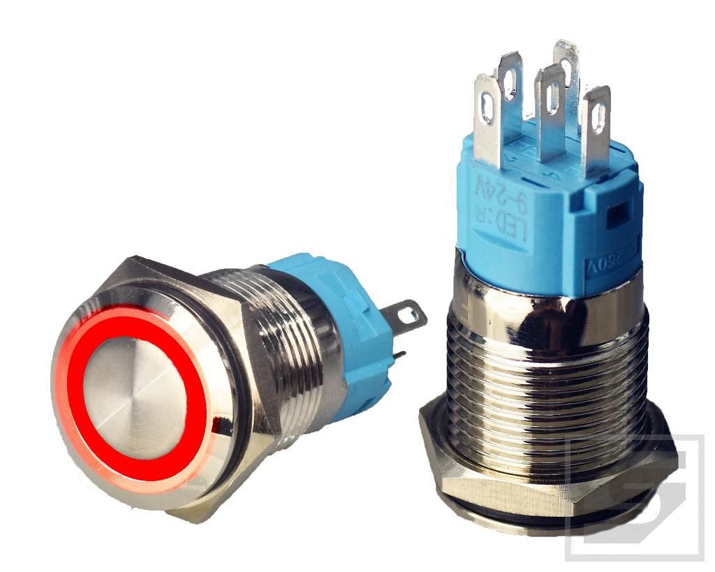 Przycisk LB16MR/LED:R 9-24VDC RING czerwony; 16mm;monostabilny;3A/250V
