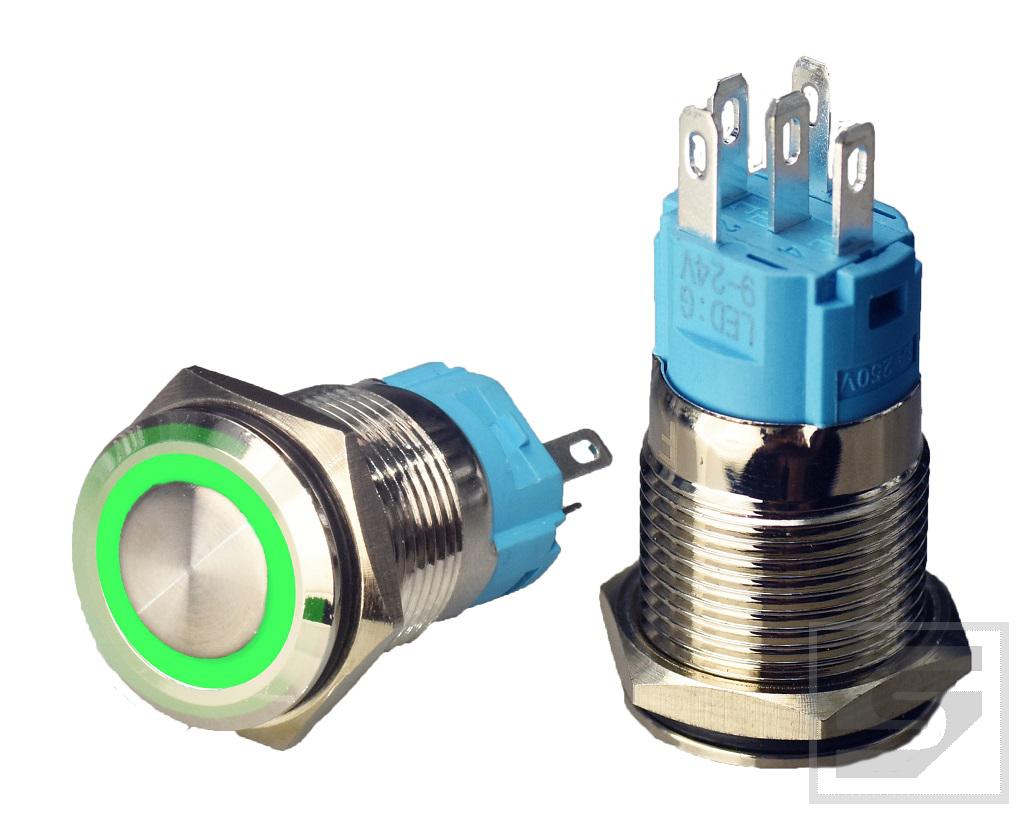 Przycisk LB16MR/LED:G 9-24VDC RING zielony; 16mm; monostabilny;3A/250V