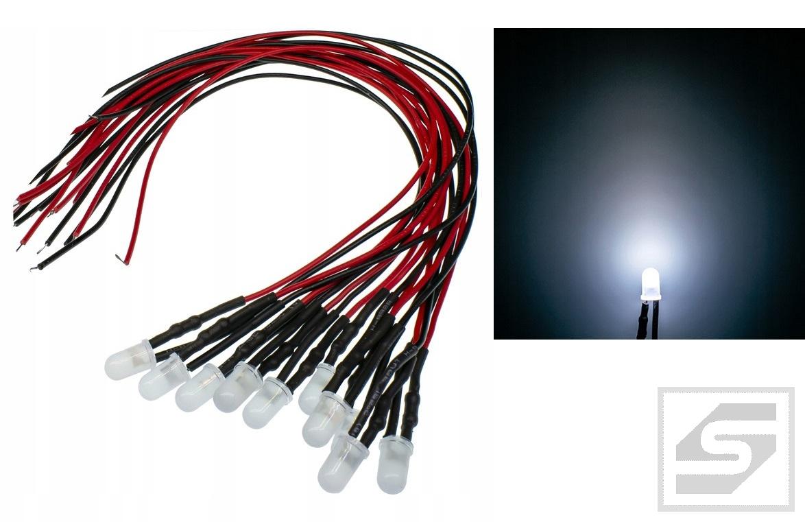 Dioda LED 5mm 12V biała;dyfuzyjna z przewodem 20cm;22mA;200mcd