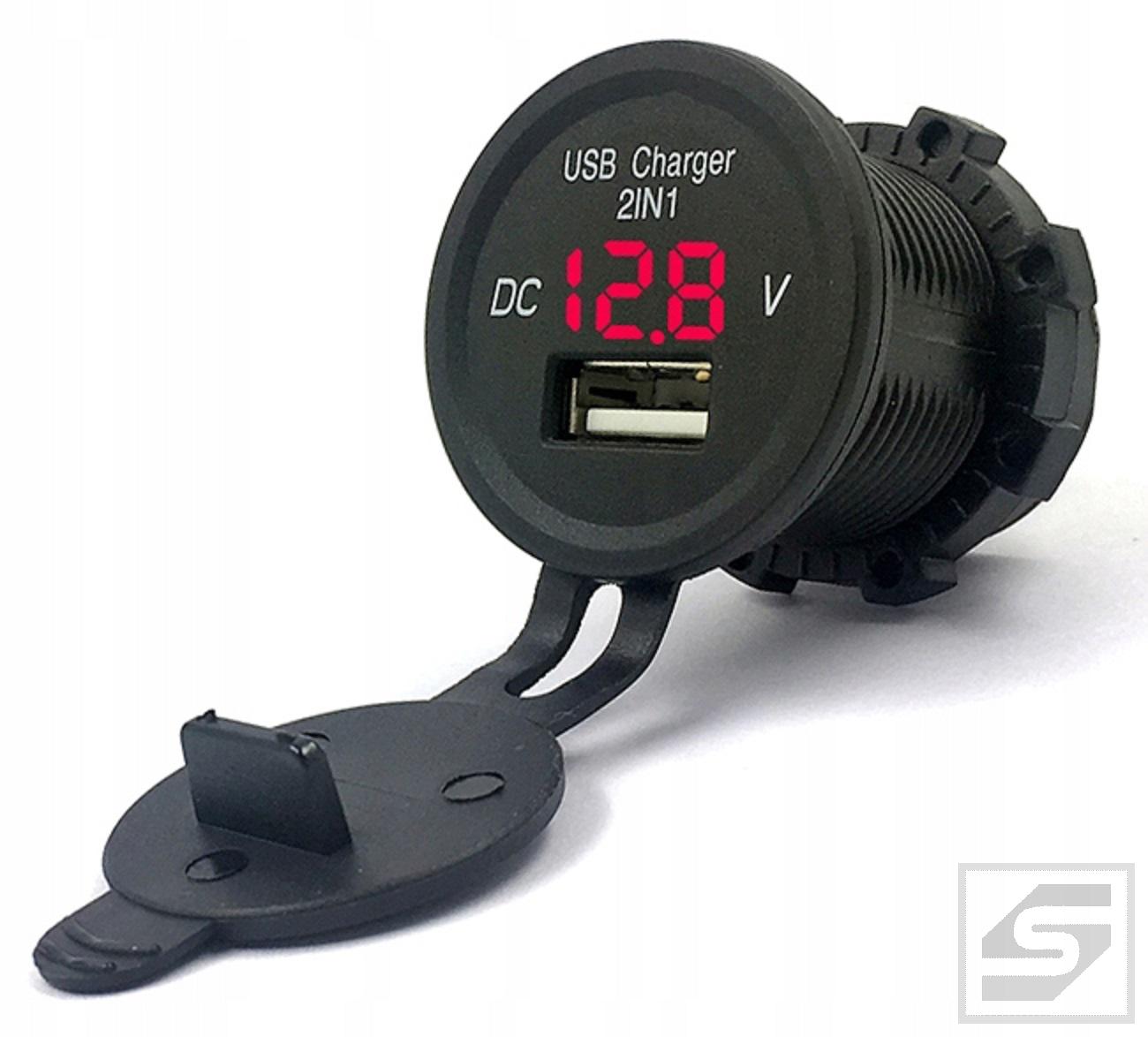 Gniazdo USB 5V 2.1A z woltomierzem czerwony;6-30V;montaż w otwór 29mm;