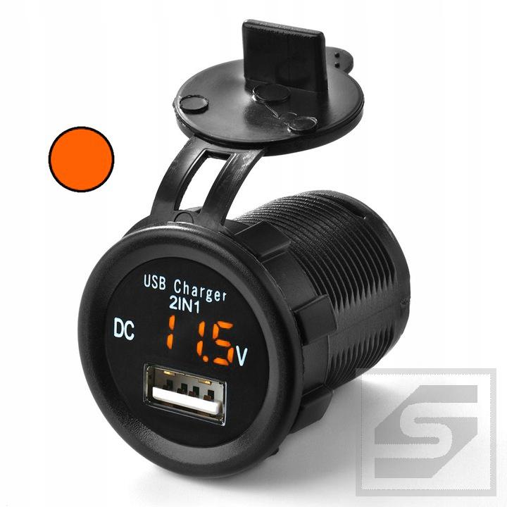 Gniazdo USB 5V 2.1A z woltomierzem pomarańczowy;6-30V;montaż w o.29mm;