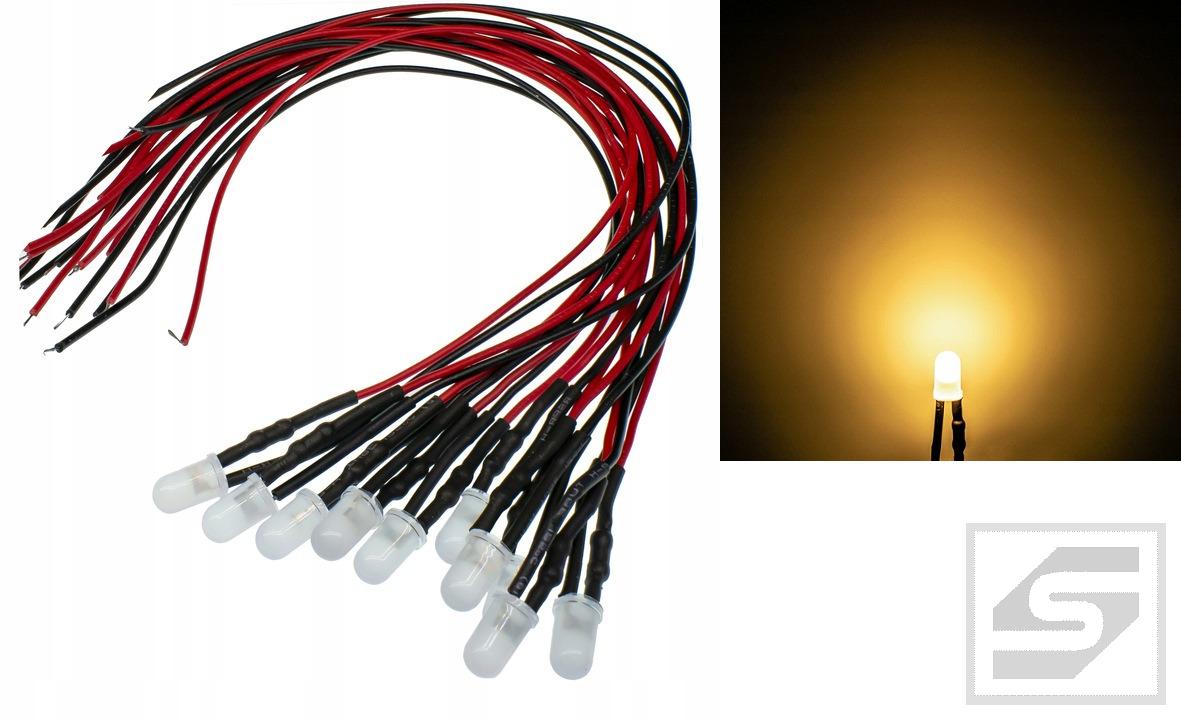 Dioda LED 5mm 12V biała;ciepła;dyf. z przewodem 20cm;22mA;200mcd