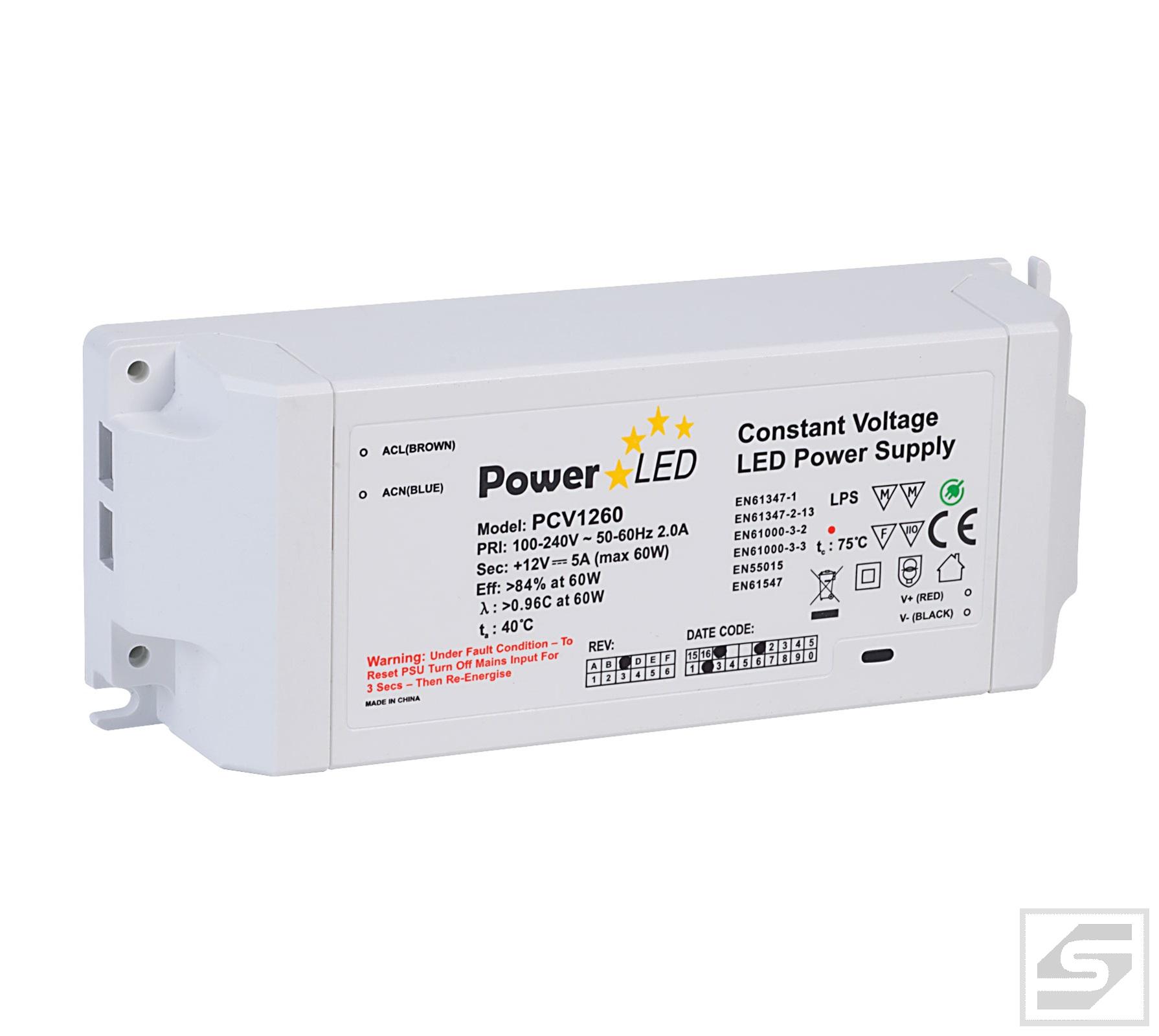 Zasilacz LED PCV1260;60W;12VDC;5A; Wymiary 158x61x36mm;PowerLED;