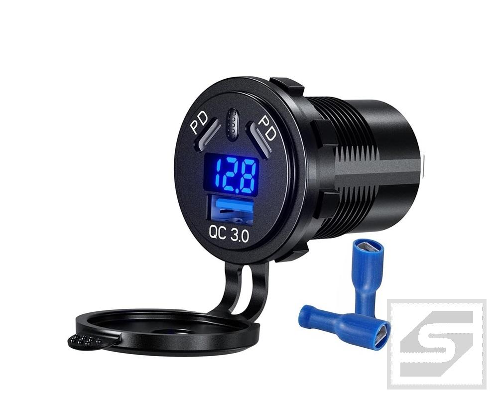 Ładowarka 45W 1xQC3.0USB;2xPD TYP C wyłącznik;woltomierz niebieski;o.29