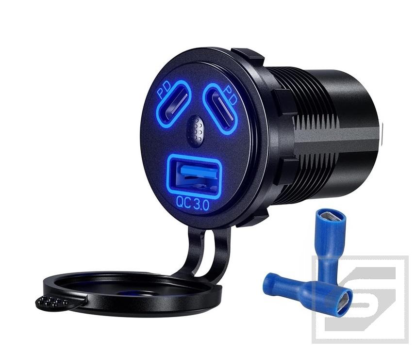 Ładowarka 45W 1xQC3.0USB;2xPD TYP C wyłącznik;podśw.niebieski;otw.29mm;