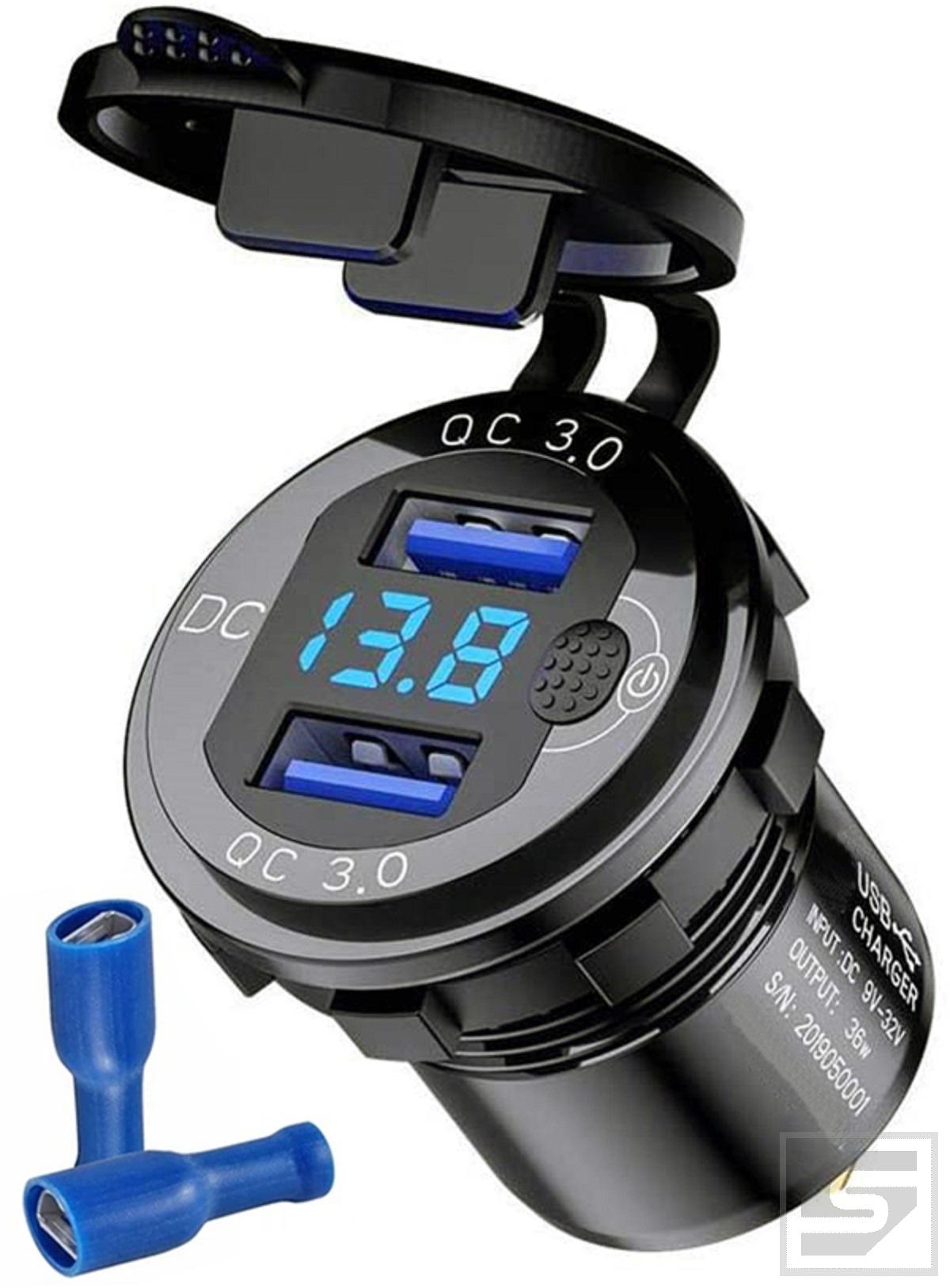 Ładowarka 2xUSB QC 3.0;+woltomierz; metalowa;niebieski;wyłącznik;12-24V